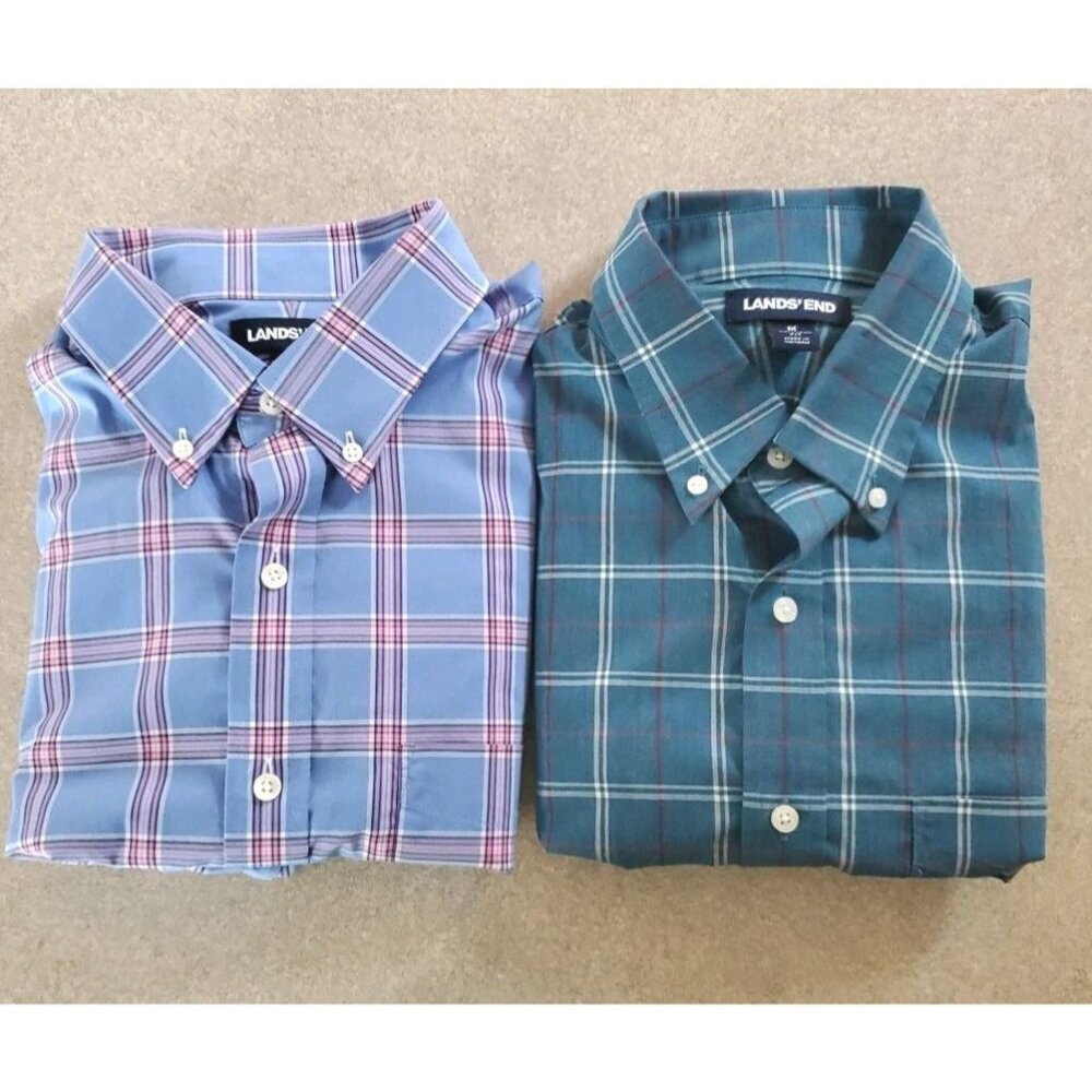 Land's End 2 Casual Button Up Shirts Men's M Plaid Long Sleeve Performance